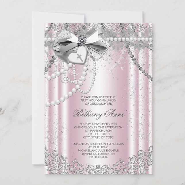 Pink and Grey Pearl First Communion Invitation (Front)