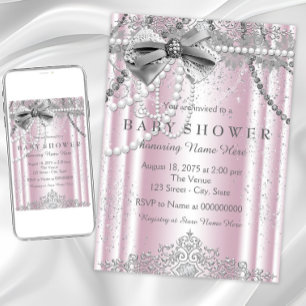 Pink and Grey Pearl Girly Baby Shower Invitation