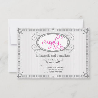 Pink and Grey Pinstripe Retro Wedding Reply Card