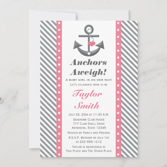 Pink and Grey Polka Anchor Nautical Baby Shower Invitation (Front)