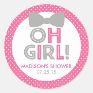 Pink and Grey Polka Dot Oh Girl Baby Shower Classic Round Sticker