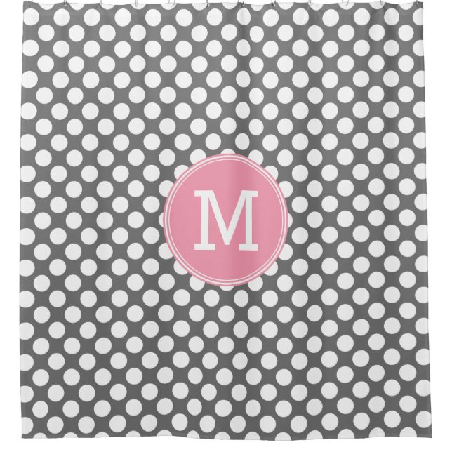 Pink and Grey Polka Dots with Preppy Monogram Shower Curtain (Front)
