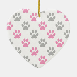 Pink and grey puppy paws pattern ceramic ornament