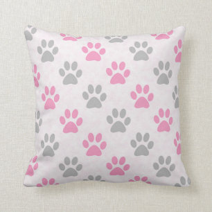 Pink and grey puppy paws pattern cushion