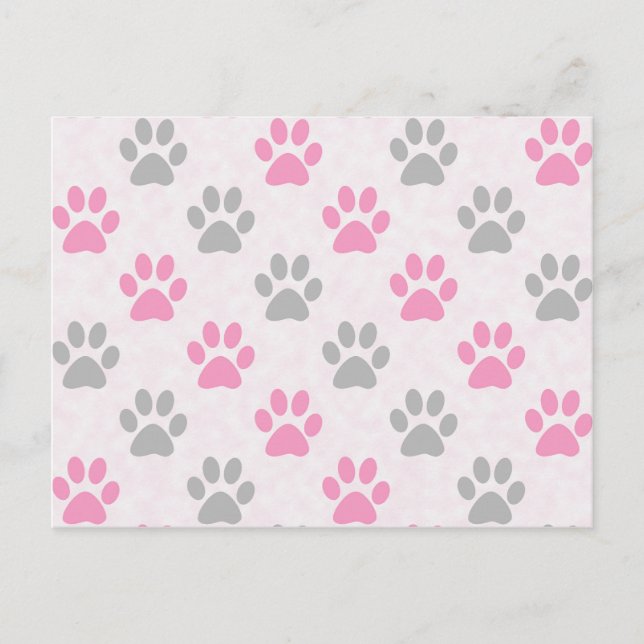 Pink and grey puppy paws pattern postcard (Front)