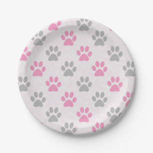 Pink and grey puppy paws print paper plate