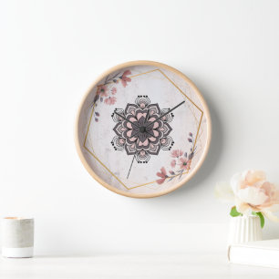 Pink and Grey Rangoli: Harmonious Calm Floral Art Clock