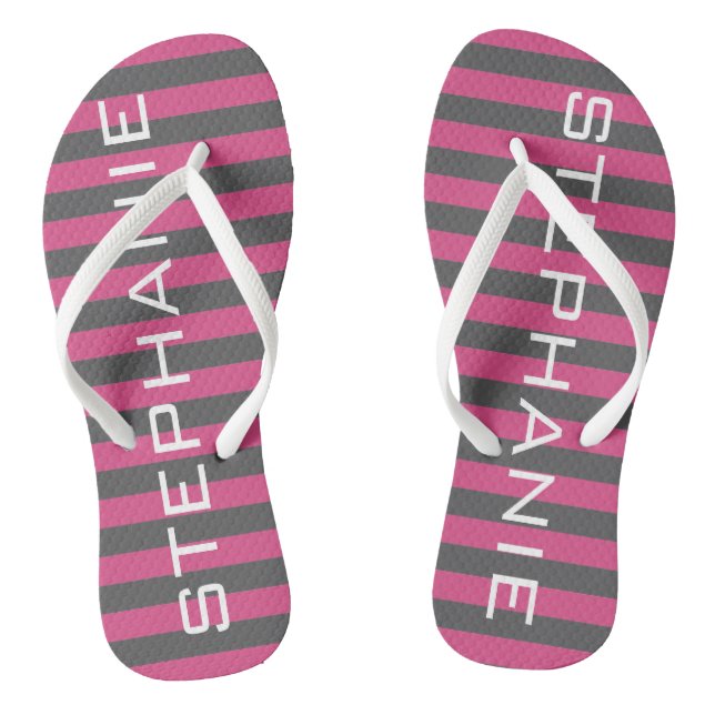 Pink and Grey Rugby Stripes with Custom Name Thongs (Footbed)