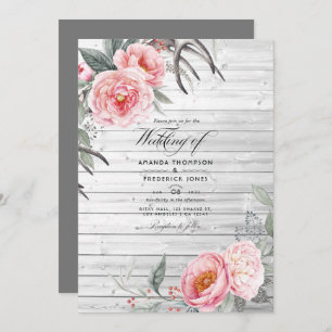 Pink and Grey Rustic Bohemian Floral Wedding Invitation