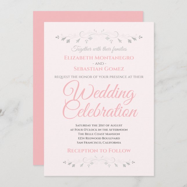 Pink and Grey Simple Elegant Wedding Invitation (Front/Back)
