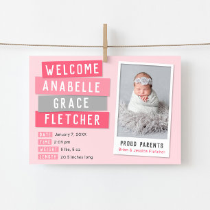 Pink and Grey Snapshot Magnetic Birth Announcement