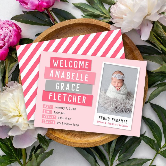 Pink and Grey Snapshot Photo Birth Announcement (Creator Uploaded)