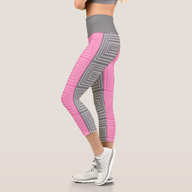 Pink and Grey Squares Yoga Pants Capri Leggings (Left)