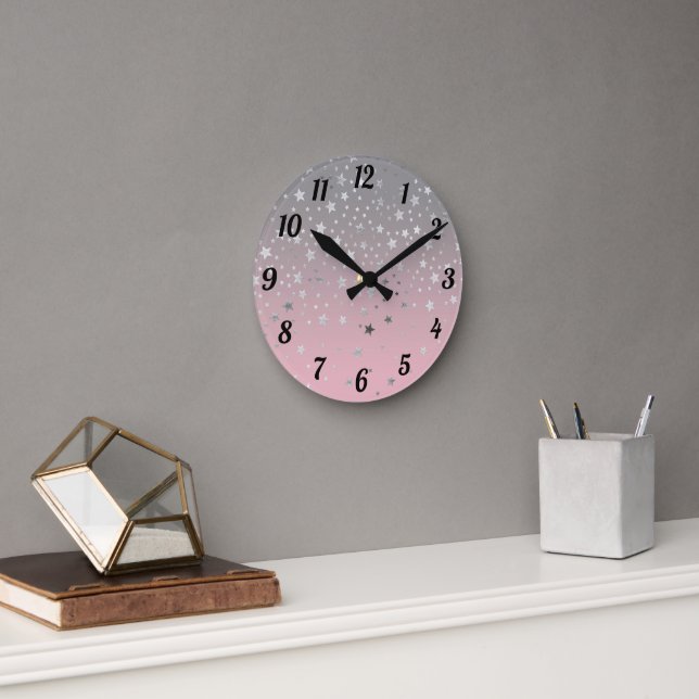 Pink And Grey Stars Stylish Modern Chic Round Clock (Office)
