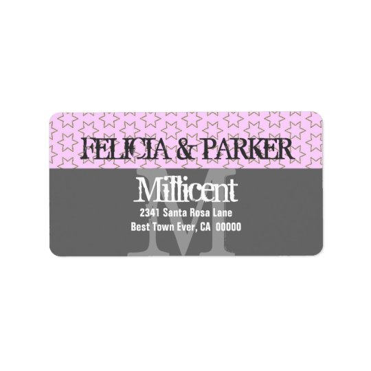 Pink and Grey Stars Wedding Monogram E257 Address Label