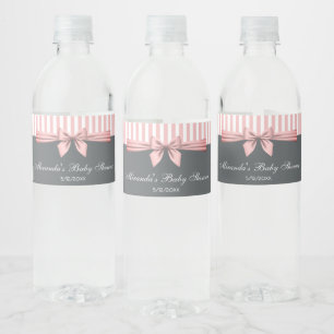 Pink and Grey Striped Bow Baby Shower Water Bottle Label