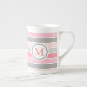 Pink and Grey Striped Monogram Bone China Mug