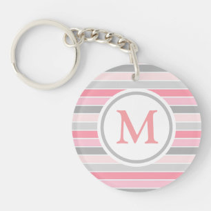Pink and Grey Striped Monogram Key Ring