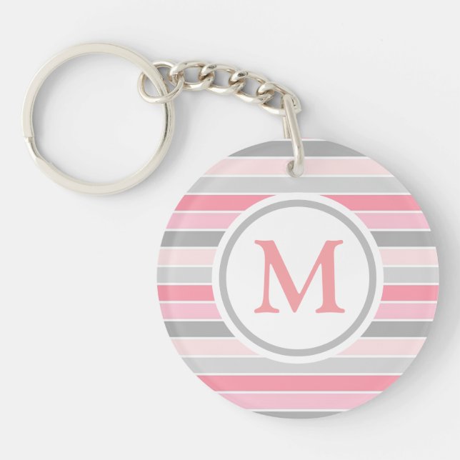 Pink and Grey Striped Monogram Key Ring (Front)