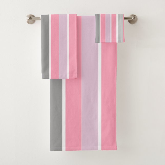 Pink and Grey Stripes Bath Towel Set (Insitu)