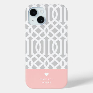 Pink and Grey Trellis Heart Monogram iPhone 15 Case