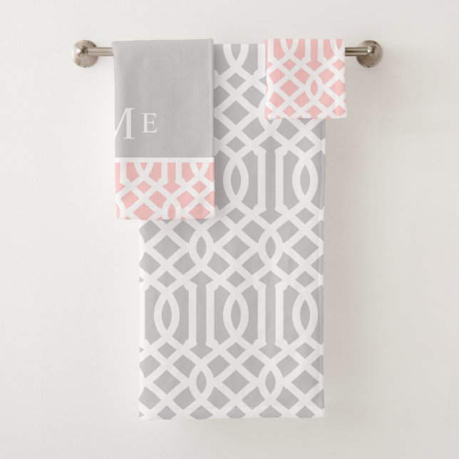 Pink and Grey Trellis Monogram | Editable Colours Bath Towel Set (Insitu)