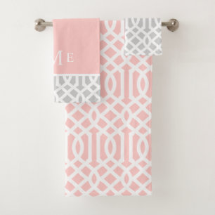Pink and Grey Trellis Monogram   Editable Colours Bath Towel Set
