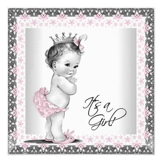 pink and grey vintage baby girl shower invitation