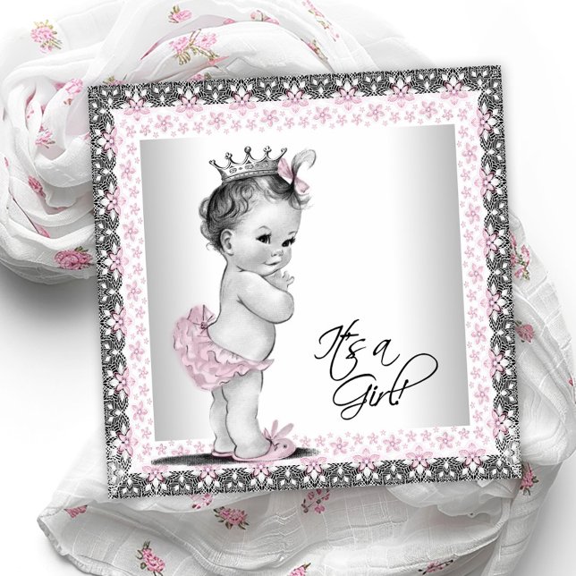 Pink and Grey Vintage Baby Girl Shower Invitation (Sweet vintage baby girl baby shower invitation. )
