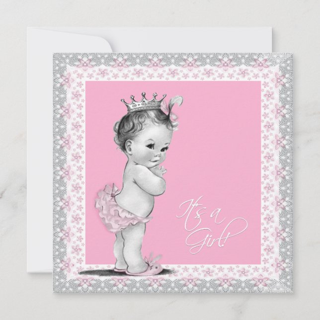 Pink and Grey Vintage Baby Girl Shower Invitation (Front)
