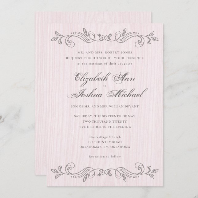 Pink and Grey Vintage Flourishes Wedding Invitation (Front/Back)