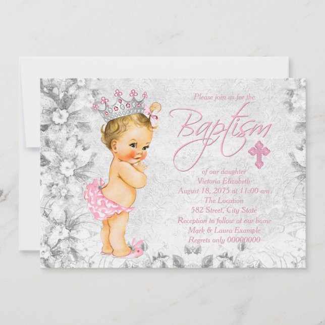 Pink and Grey Vintage Princess Baptism Invitation (Front)