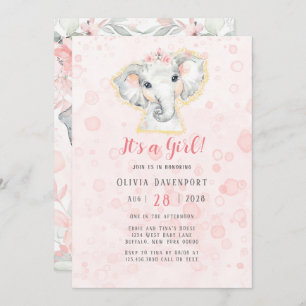 Pink and Grey Watercolor Elephant Girl Baby Shower Invitation