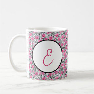 Pink and grey watercolor floral pattern monogram coffee mug