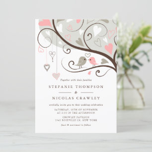 Pink and Grey Whimsical Lovebirds Wedding Invitation