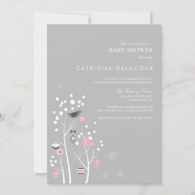 Pink and Grey Winter Snow Baby Shower Invitation (Front)