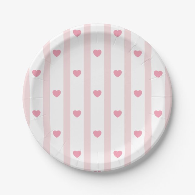 Pink and Hearts, Stripes, birthday, shower, party Paper Plate (Front)