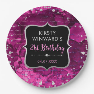 Pink and Iridescent Glitter Letters Birthday Paper Plate
