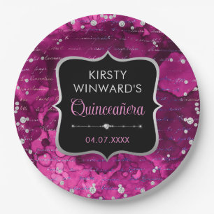 Pink and Iridescent Glitter Letters Quinceanera Paper Plate
