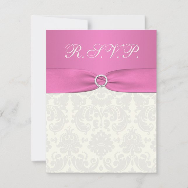 Pink and Ivory Damask Reply Card (Front)