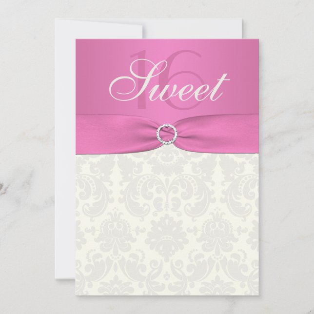 Pink and Ivory Damask Sweet Sixteen Invitation (Front)