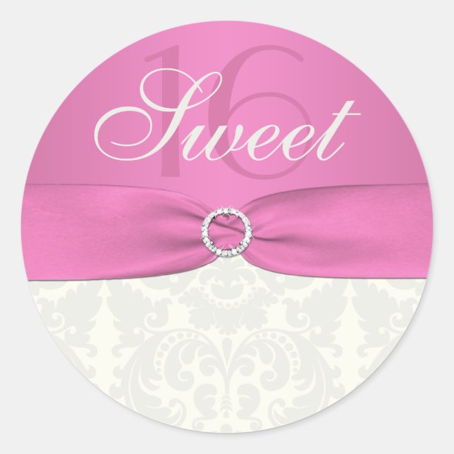 Pink and Ivory Damask Sweet Sixteen Sticker (Front)