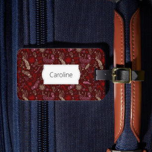 Pink and ivory floral doodles in maroon luggage tag