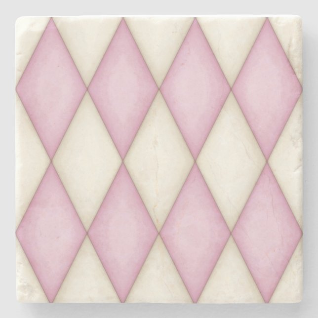 Pink and Ivory Harlequin Diamond Check Stone Coaster (Front)