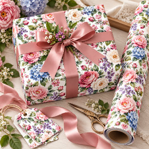 Pink and Ivory Peonies, Blue Hydrangeas Floral Wrapping Paper
