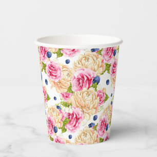 Pink and Ivory Rose and Blueberry Floral Pattern Paper Cups