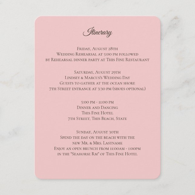 Pink and Ivory Wedding Information Enclosure Card (Front)