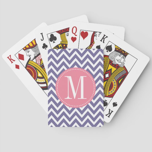 Pink and Lavender Chevron Custom Monogram Playing Cards (Back)