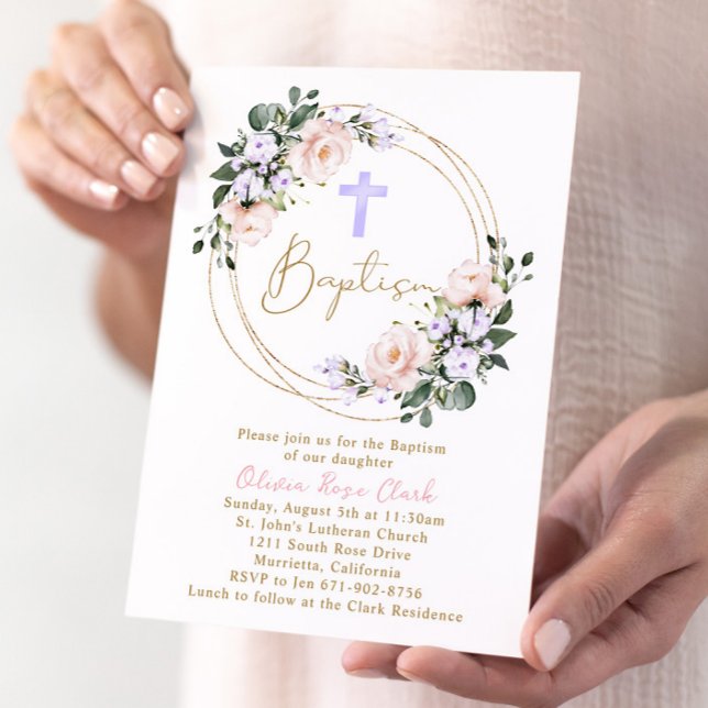 Pink and Lavender Floral Baptism Gold Frame Invitation (Creator Uploaded)