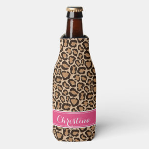 Pink and Leopard Print Custom Monogram Bottle Cooler